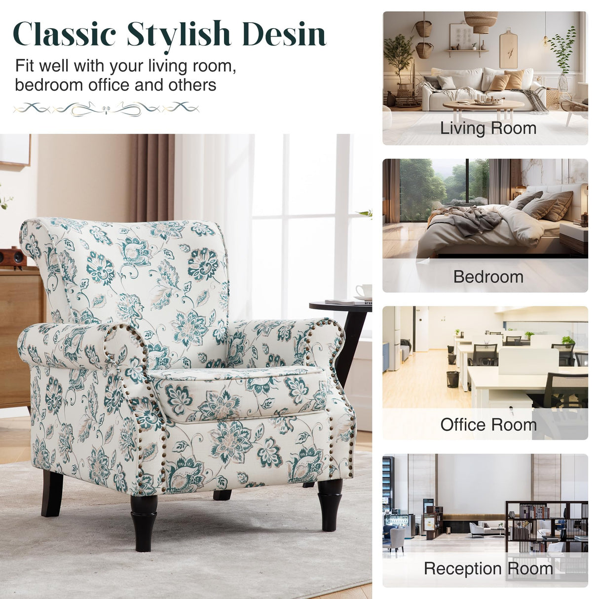 HCHAIRH Floral Wingback Accent Chairs Set of 2 with Removable Cushion Comfy Upholstered Armchair with Nailhead Trim and Wood Legs Reading Chair for Living Room, Bedroom, Green HCHAIRH