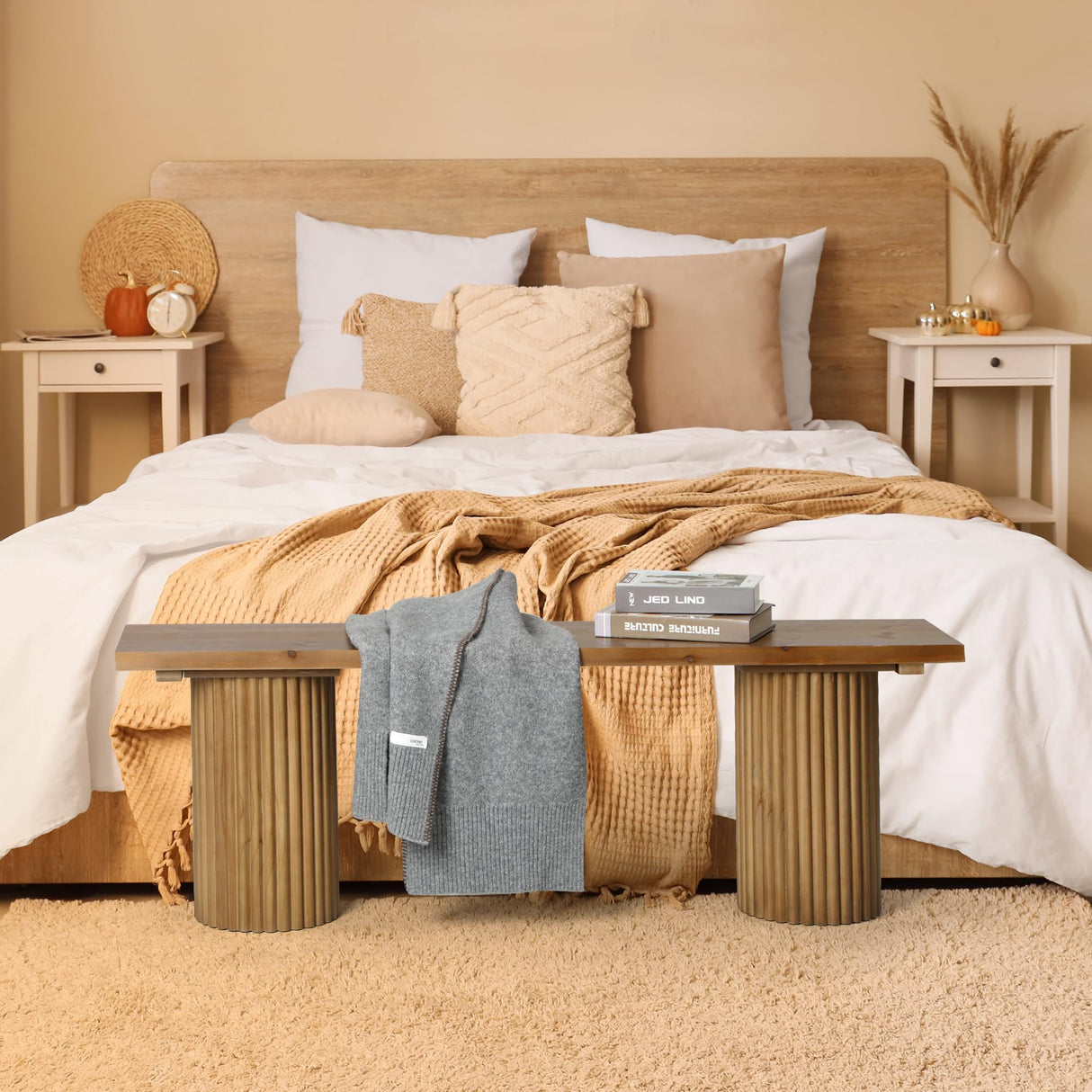 WINWY Fluted Wood Bench, 51" Farmhouse Solid Wood Bench Seat for Entryway, Dining Room, Indoors and Outdoors, Rounded Leg, Easy Assembly, Natural WINWY