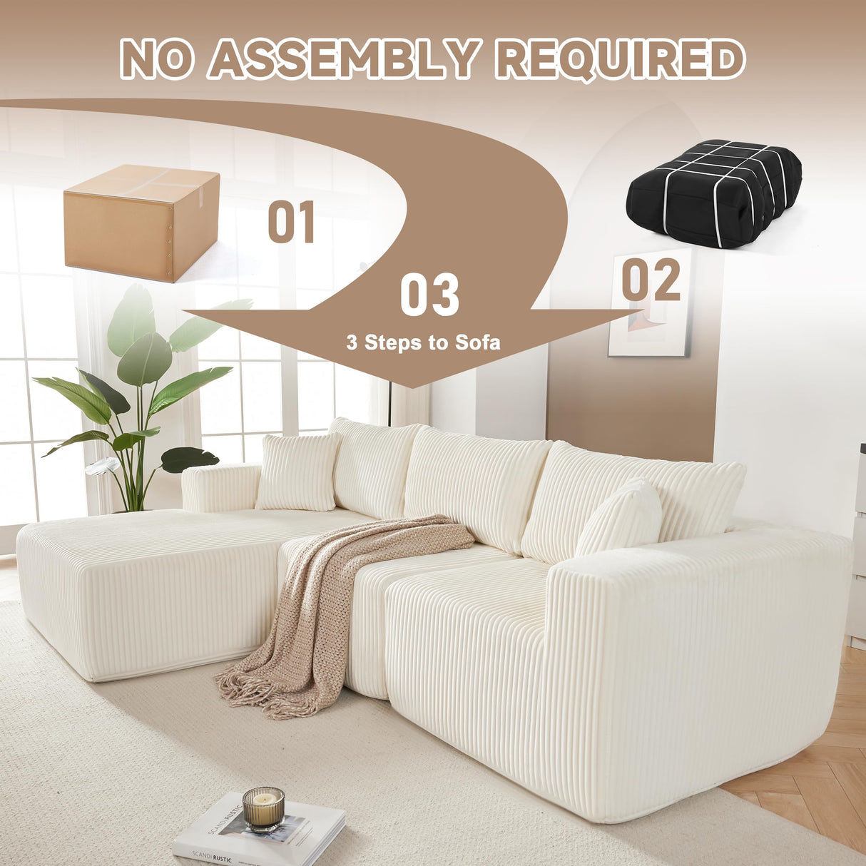 97" Boneless Couches for Living Room, Cloud Couch Sectional with Deep Seat, Comfy Couch with L-Shaped Chaise, Minimalist Upholstered Modular Sectional Sofa, No Assembly Required (Corduroy,Lvory) Huatean Home