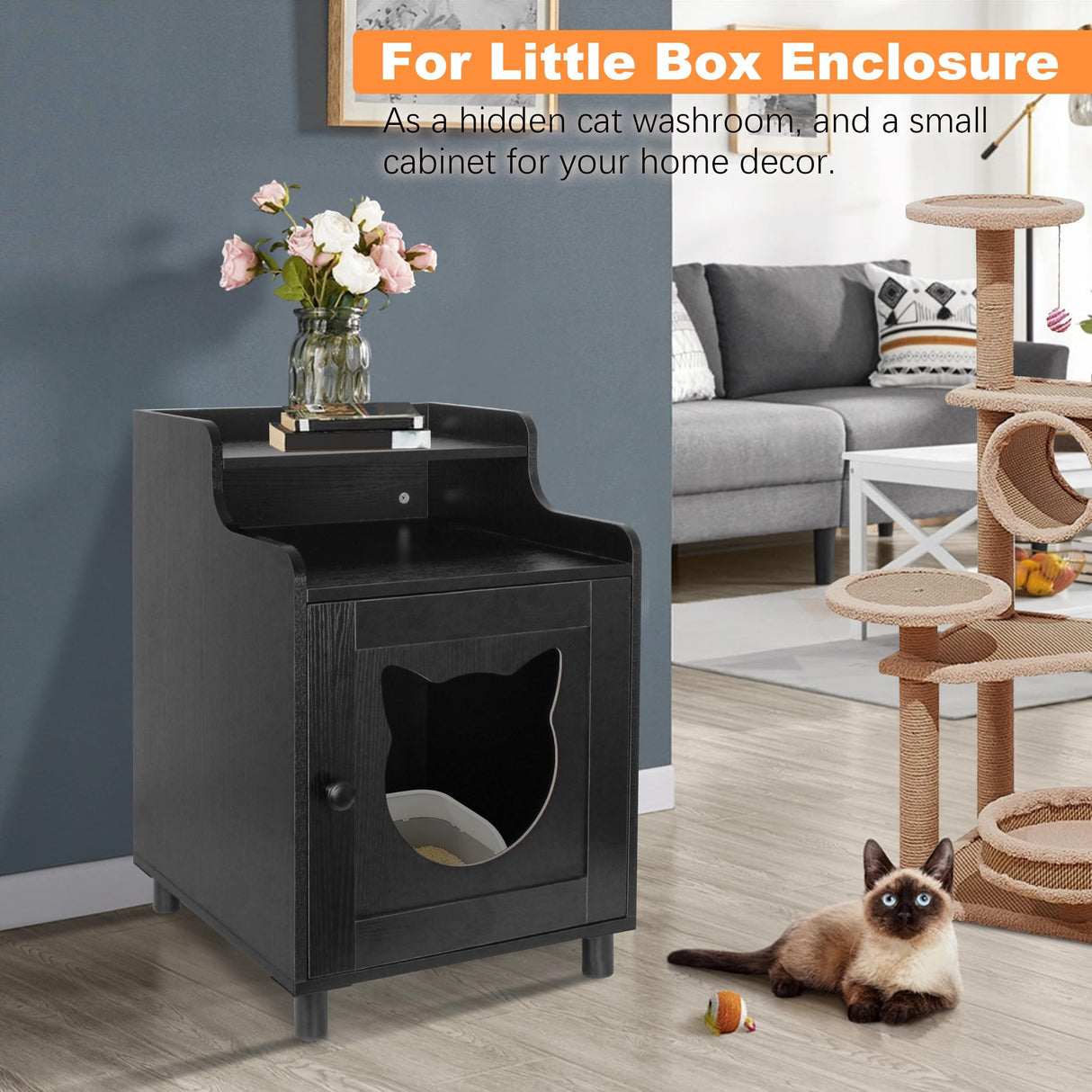 DOUSY- Small Wooden Cat Litter Box Enclosure, Hidden Litter Box Furniture Enclosed Cat Washroom Storage Cabinet, Side Table, Nightstand, Indoor Pet House 15.8 x 15.8 x 24 Inches, Black DOUSY