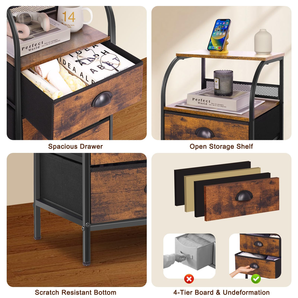 Jixlantuc Nightstand Bedside Table Drawer Organizer Side Table with Fabric Drawers End Tables Living Room Night Stand Chest of Drawers for Bedroom,Hallway, Entryway Jixlantuc