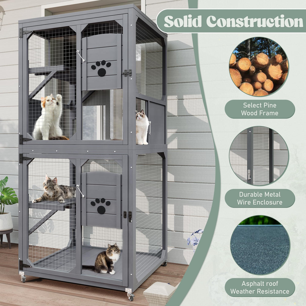 Merax Catio Outdoor Cat Enclosure, 4 Tiers Cat House with Wheels, Resting Box & Waterproof Roof, Indoor Large Cat House Cage, Grey Merax