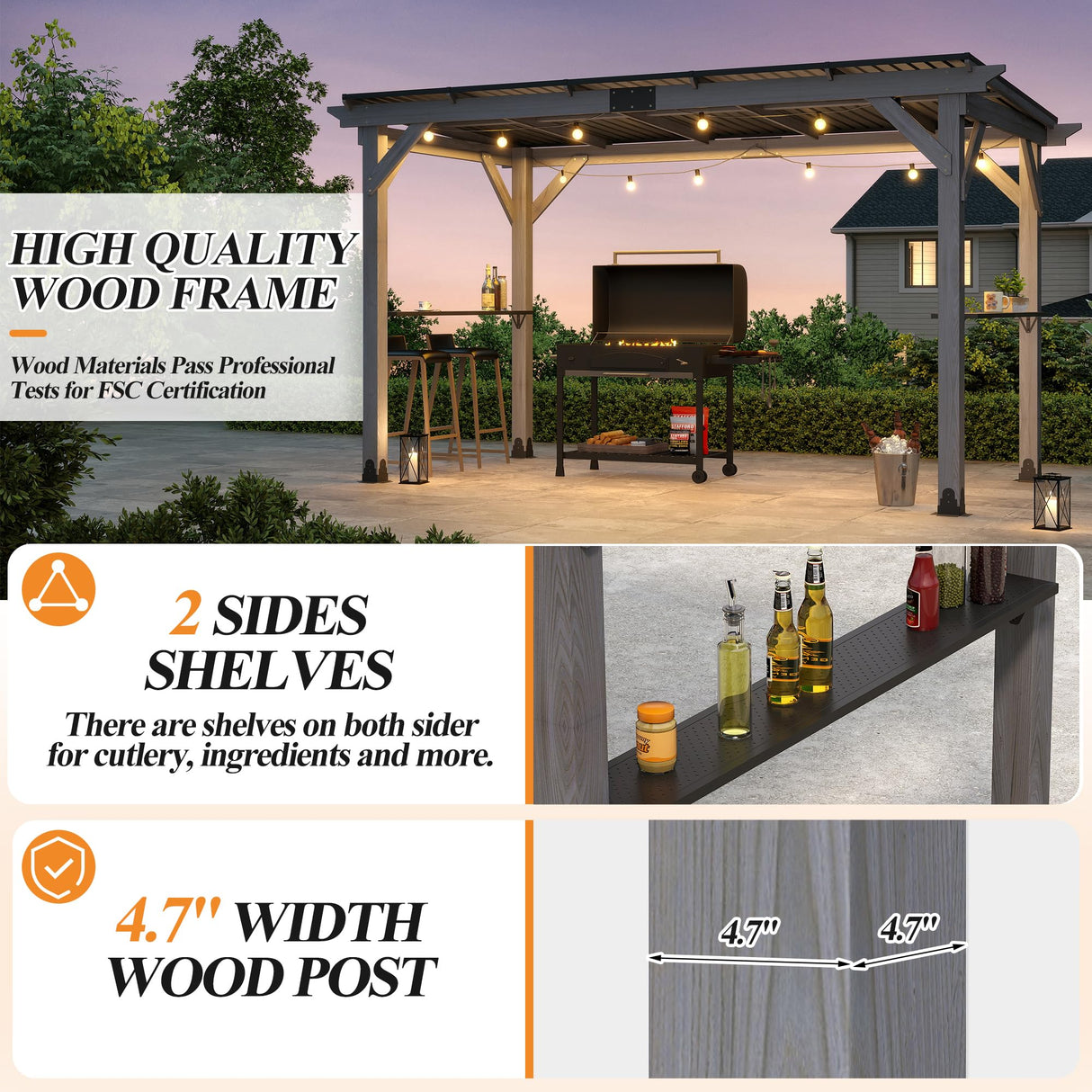 GARTOO 12.5'x6.5' Outdoor Grill Gazebo - Hardtop Cedar Wood Gazebo with 2 Side Shelves and Galvanized Steel Roof, Patio Wooden BBQ Pergola for Garden, Porch and Backyard GARTOO