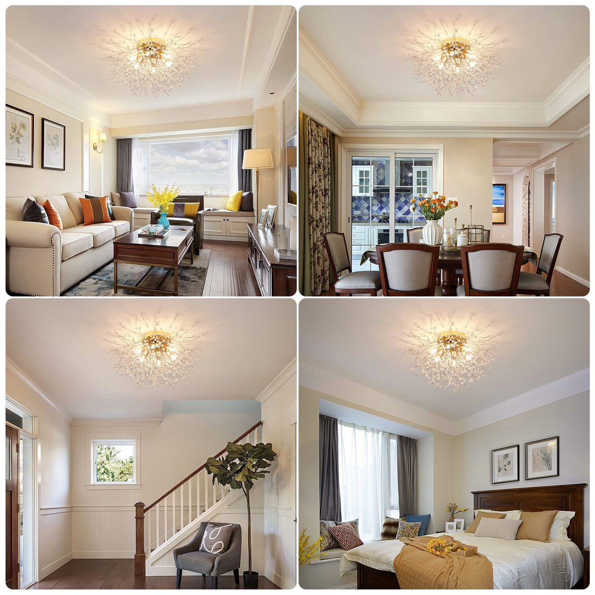 6-Light Sputnik Flush Mount Ceiling Light Fixture, Modern Gold Crystal Firework Ceiling Lights, Close to Ceiling Lamp for Bedroom Kitchen Hallway Entryway Bathroom CM MZY