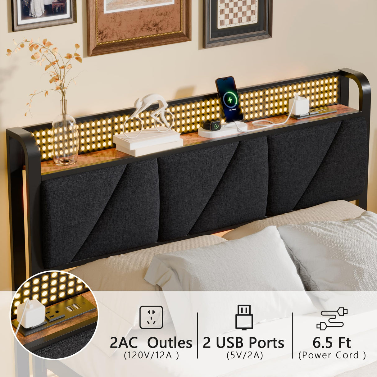 Furnulem Full Bed Frame with LED Lights,Headboard with Charging Station and USB Port,Upholstered Platform Bedframe Metal Support,No Box Spring Needed (Full) Furnulem