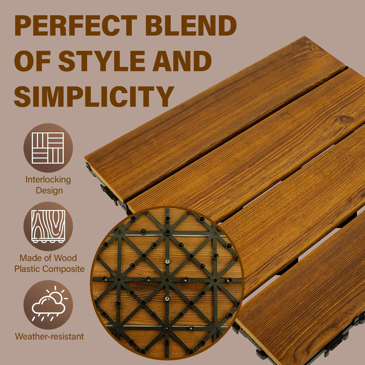 10-Pack 12"x12" Interlocking Acacia Wood Deck Tiles – 4 Slats Waterproof Outdoor Flooring for Patio, Balcony & Backyard FROM ONE