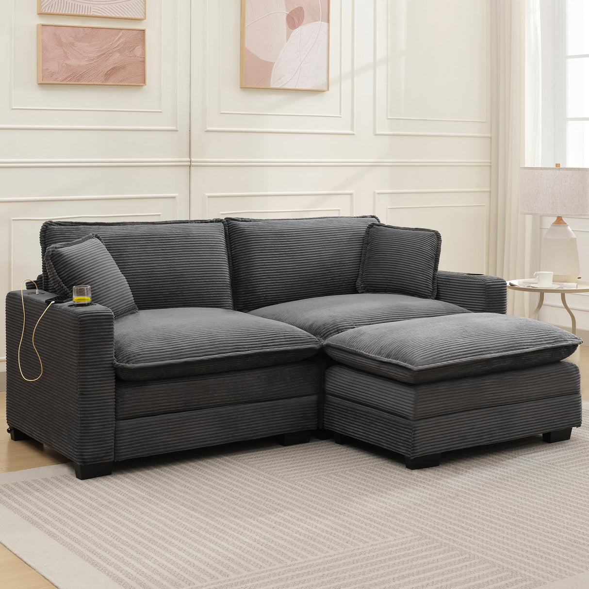 82.7" L Shaped Sectional Sofa with Cup Holders & USB Ports, Modern Loveseat Cloud Couch with Ottoman for Living Room, Apartment, Small Spaces, Grey Corduroy Tmsan