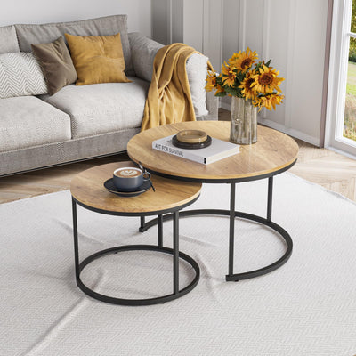 Smuxee Nesting Coffee Table Set of 2, 27.6" Round Coffee Table Wood Grain Top with Adjustable Non-Slip Feet, Industrial End Table Side Tables for Living Room Bedroom Balcony Yard