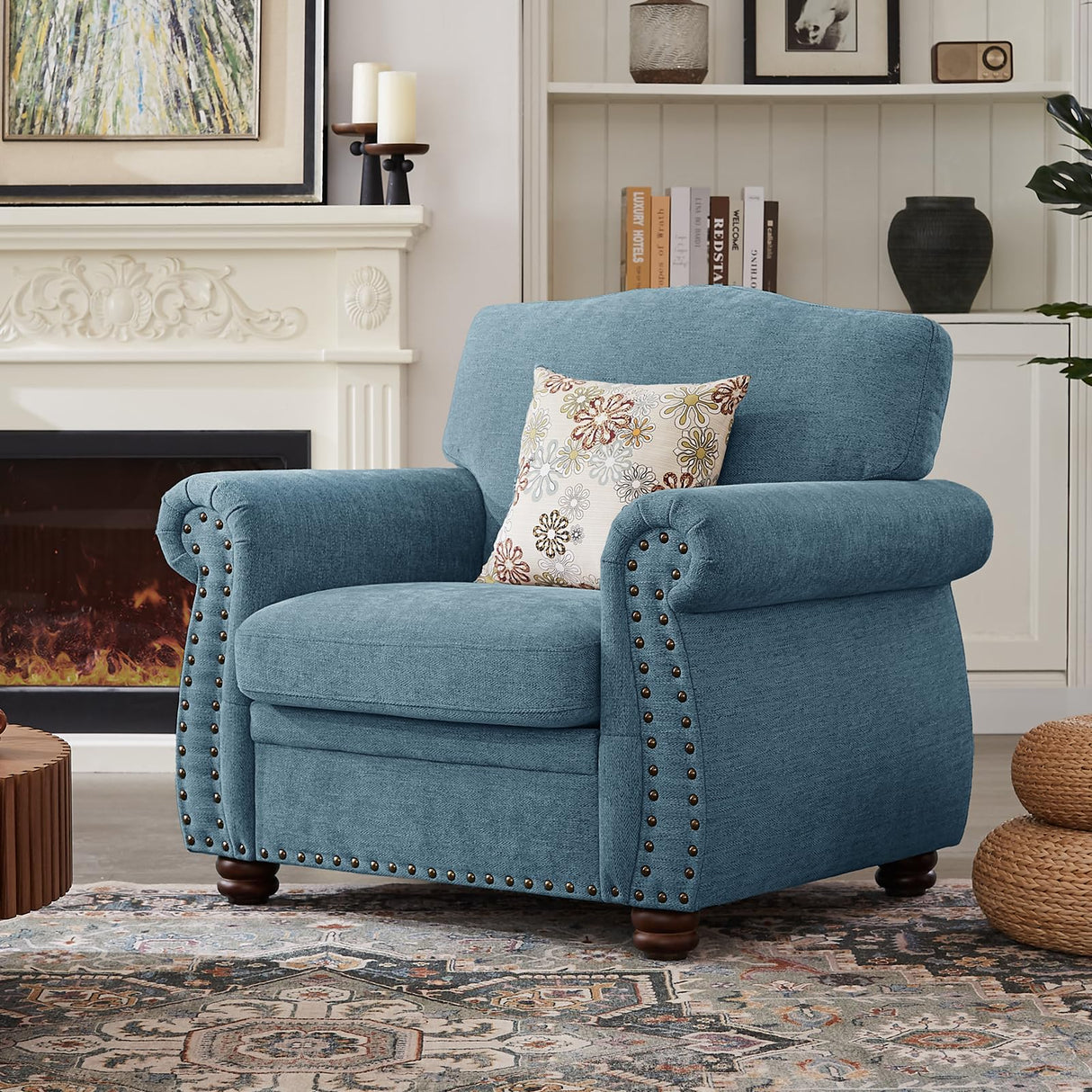ONBRILL Nailhead Trim Armchair, Rolled Arm Accent Chair for Living Room, Comfy Chenille Club Sofa Chair w/Springs Cushions & Wood Legs, Traditional Single Couch Chair for Apartment, Farmhouse, Teal ONBRILL
