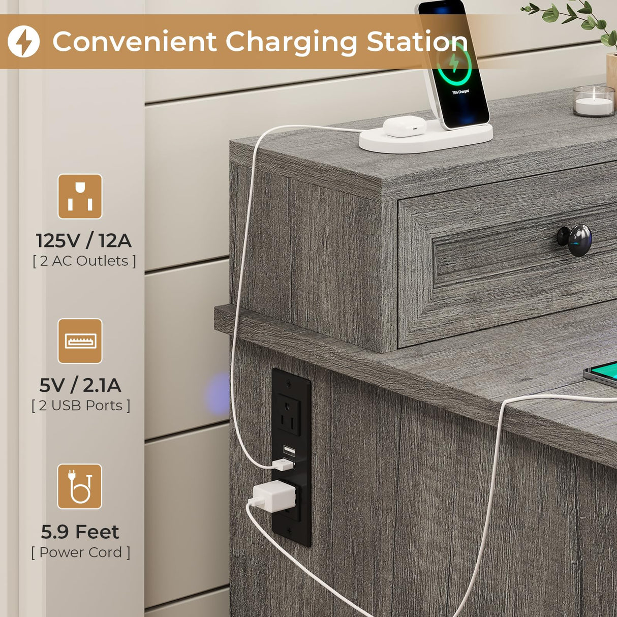 BTHFST Farmhouse Executive Desk with File Drawer, Computer Desk with Charging Station & LED Lights, Home Office Desk with Drawers & Storage Cabinet, Executive Office Desk with Monitor Stand, Grey BTHFST