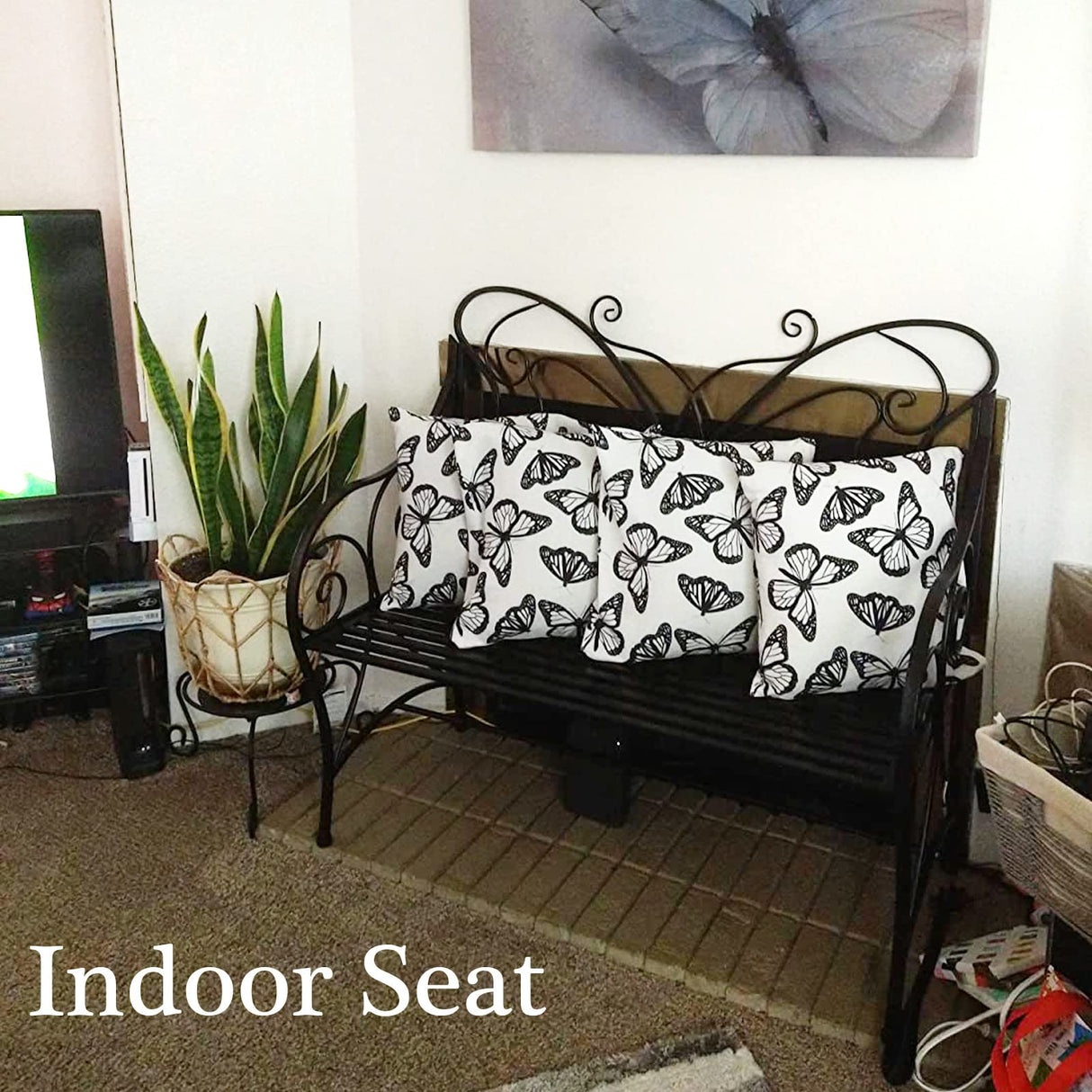 HLC Outdoor Bench Patio Outdoor Sturdy Rust-Resistant Garden Bench Butterfly Cast Iron Metal with Armrests for Garden, Park,Yard, Patio, Porch, Lawn Double Seats Black HLC