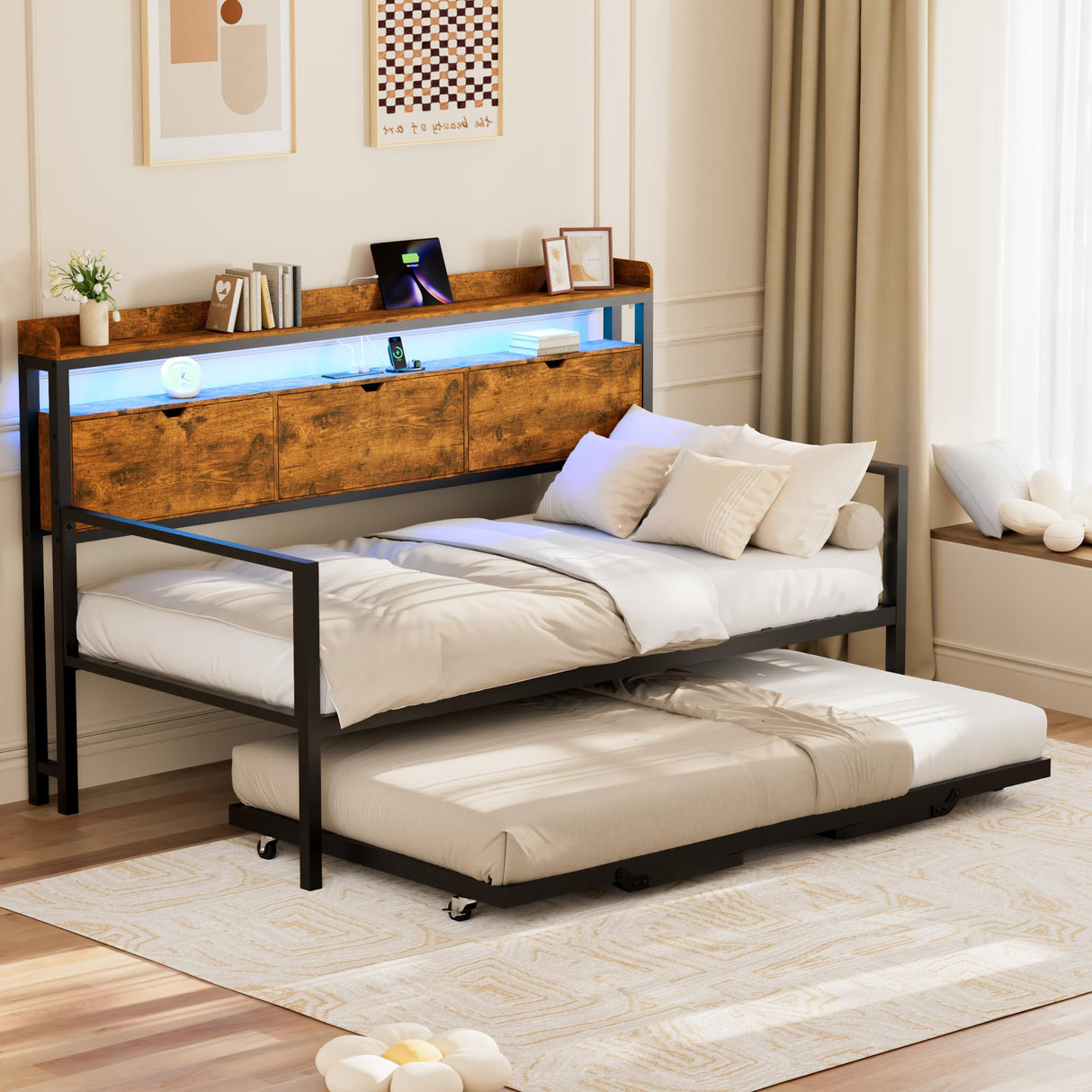 Betterhood Daybed with Trundle, Twin to King Bed Daybed Trundle Bed, Heavy Duty Metal Bed Frame with Storage Headboard & Charging Station, Day Bed Frame for Living Room Bedroom Guest Room Betterhood