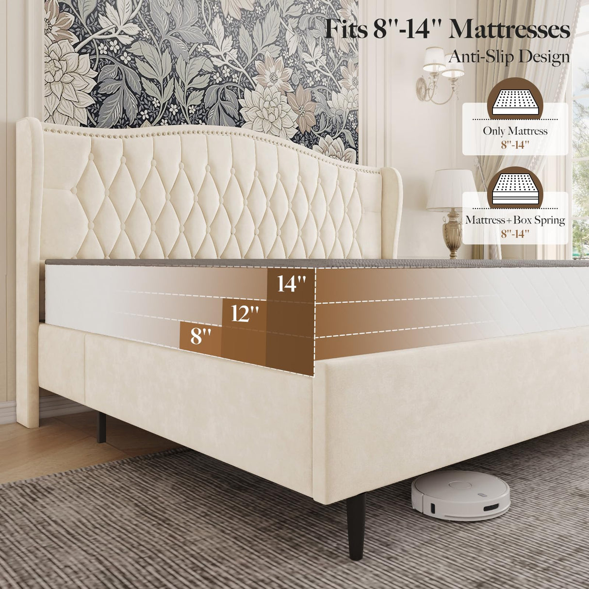 Belffin King Bed Frame and Headboard, Luxury Upholstered Velvet Platform Bed with Wingback, Button Tufted & Nailhead Trim, Anti-Slide Tall Footboard, No Box Spring Needed, Noise-Free, Beige Belffin