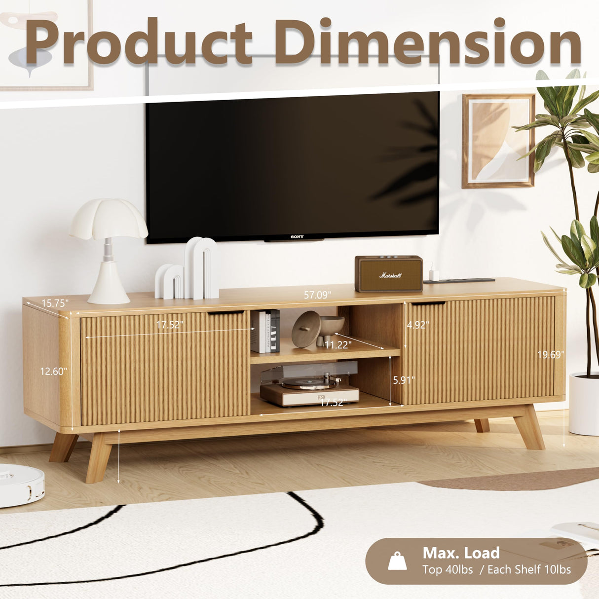 Royal Windsor Modern TV Stand for Living Room,Large TV Table with Fluted Door Cabinets and Open Shelves,Entertainment Center with Storage and TV Mount,Media Console Cabinet with Socket,Wood Grain Royal Windsor