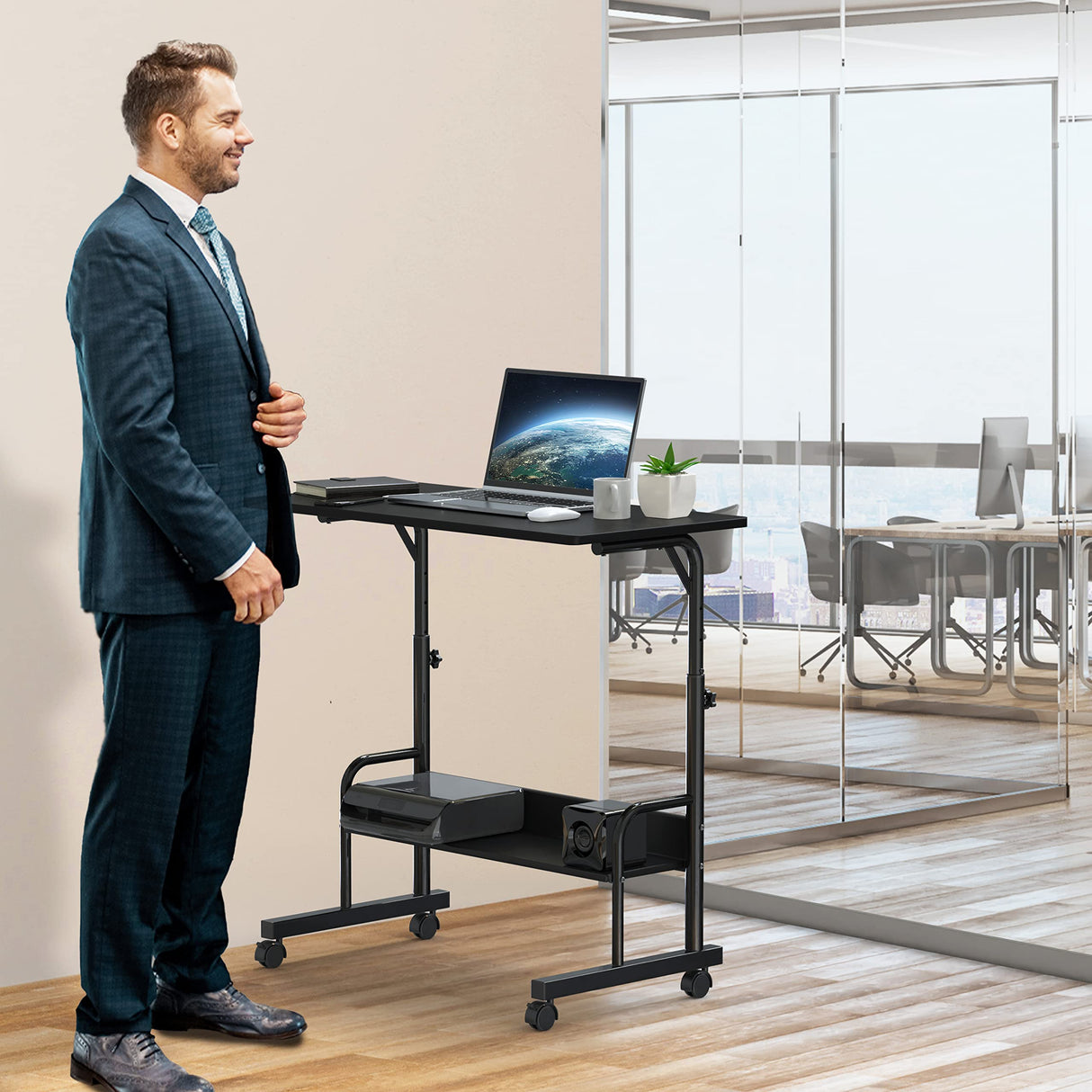 SHW Mobile Adjustable Small Standing Desk Laptop Workstation, Black SHW