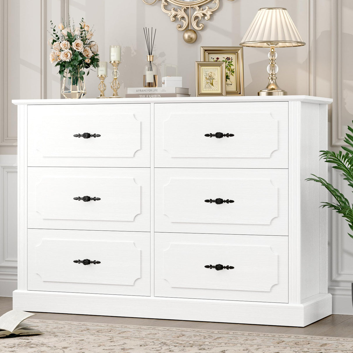finetones White Dresser 6 Drawer, 47.2'' White Dresser Chest of Drawers, Farmhouse Wide Dresser White Chest of Drawers with Designed Drawer Surfaces, 6 Drawer Dresser Storage Organizer finetones