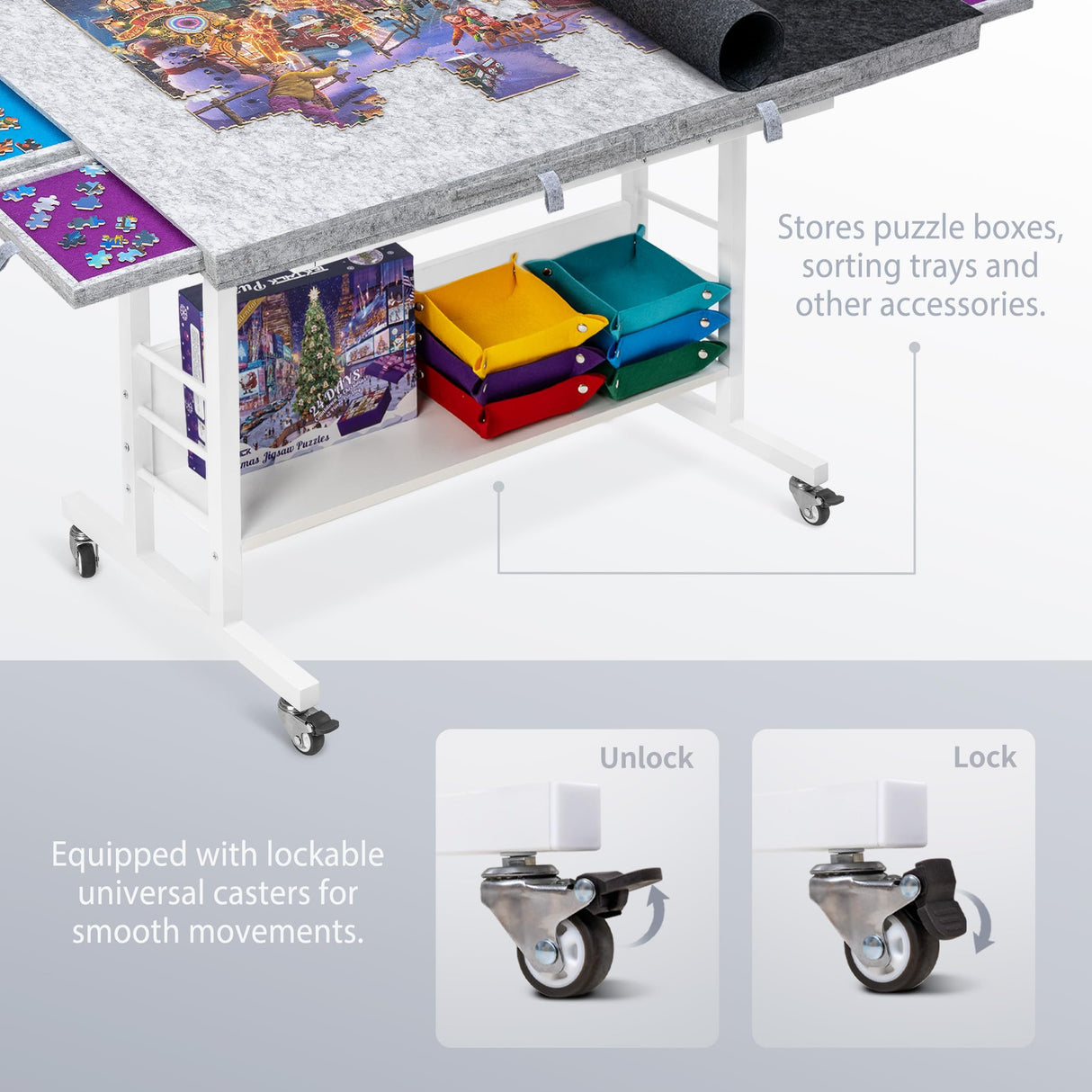 Tektalk 2000 Piece Foldable Felt Jigsaw Puzzle Board with Height Adjustment, Puzzle Table with 2 Felt Cover & 8 Sorting Trays/Drawers, Easel with Legs, Enclosed with 4 Roller Wheels - Light Gray Tektalk