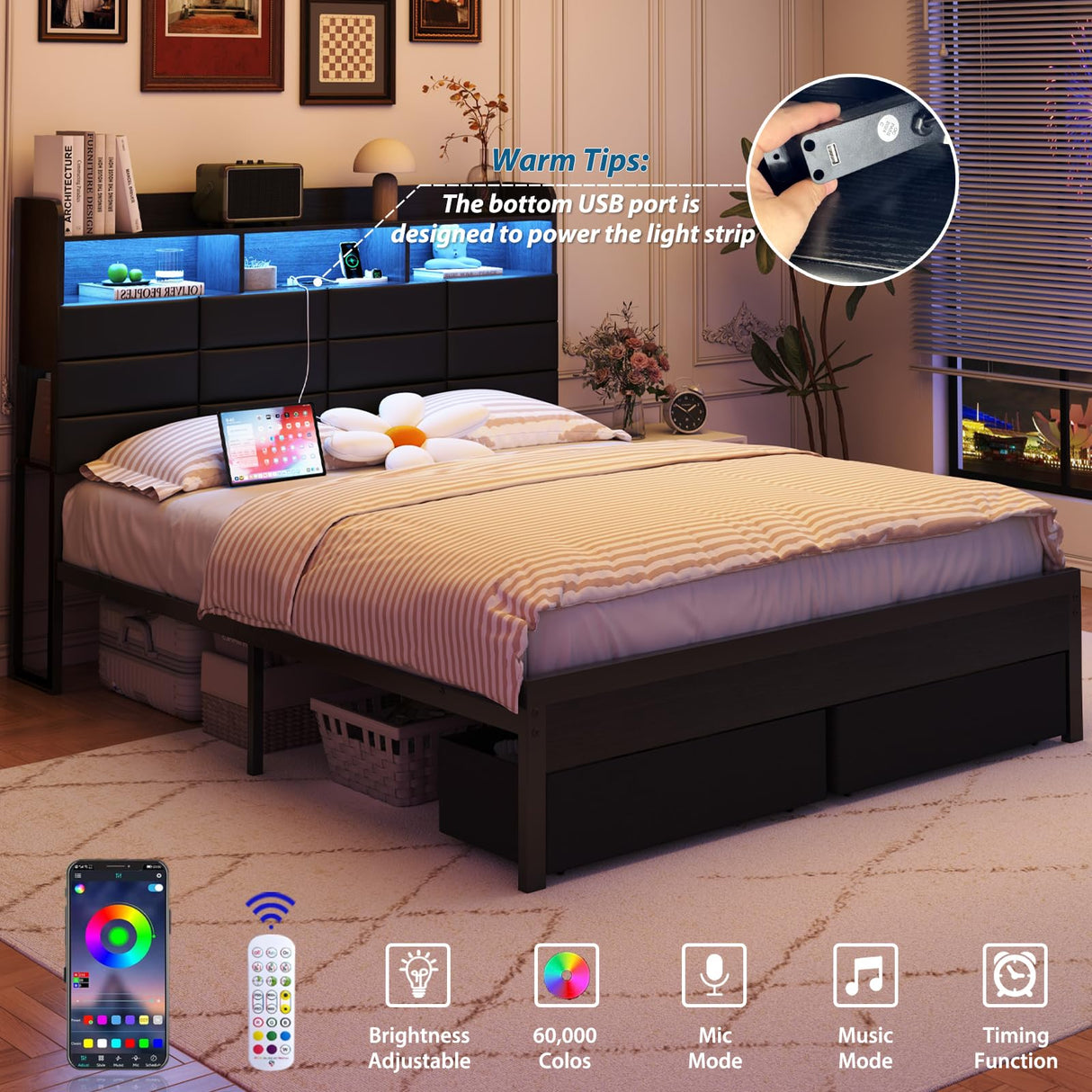 Etditrnp Queen Bed Frame with Storage Headboard, Upholstered Black Bed Frame with 4 Drawers, LED Lights, and Charging Station, Heavy-Duty Metal Slats Support, Noise-Free Etditrnp