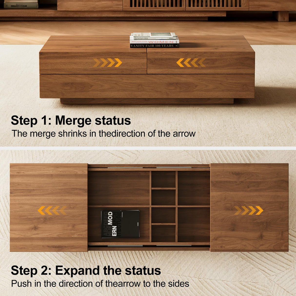 Pajiasen Mid-Century Modern Farmhouse 47.2-81.8" Expandable Coffee Table,Adjustable Center Table with Large Storage for Living Room, Walnut Pajiasen