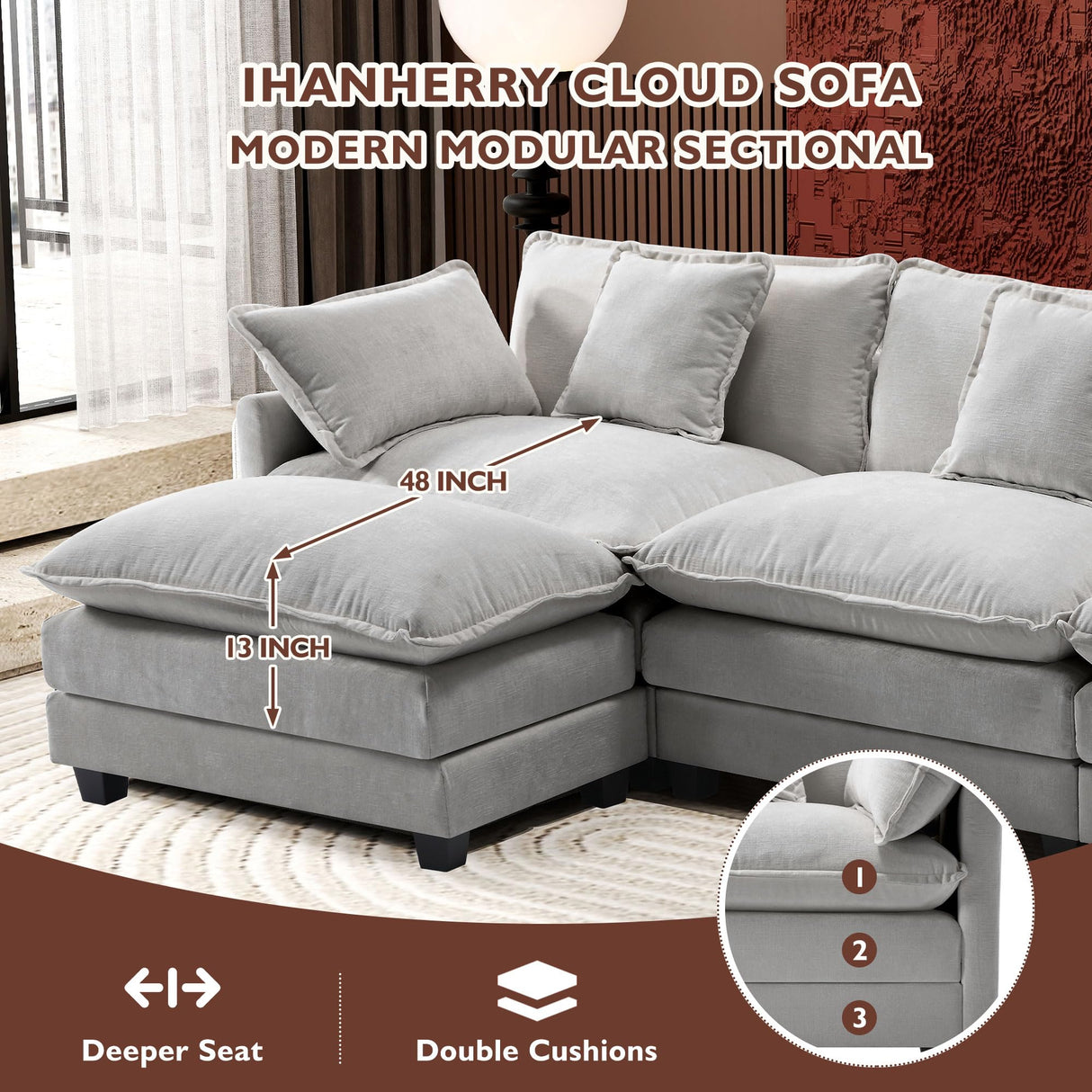 Ihanherry 111.4" L Shaped Modern Sofa Modular Sectional Cloud Couch with Ottoman, 4-Seat Chenille Deep Seat Sofa with Pillow for Living Room, Bedroom and Apartment, Grey Ihanherry