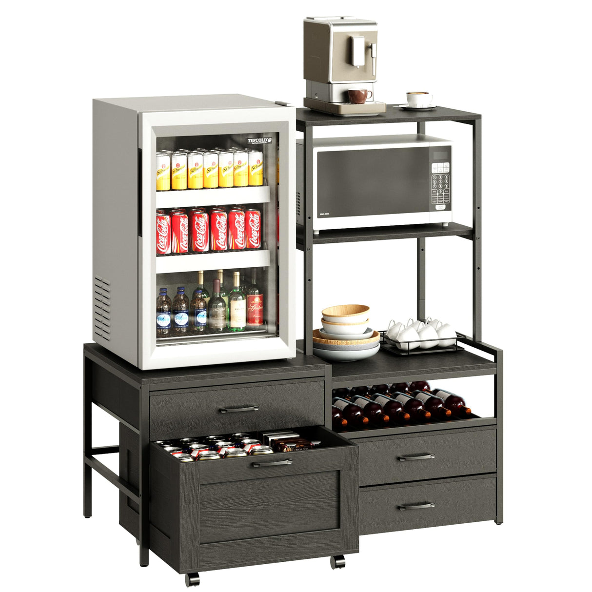 Herture Mini Fridge Stand with Wine Rack, Kitchen Bakers Rack with Power Outlet, Microwave Oven Stand, Coffee Bar, Movable Drawers, for Dorm,Office, Black HB04BXB Herture