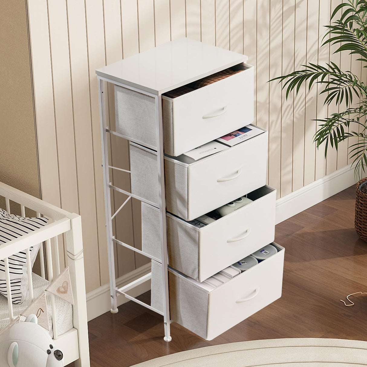 DUMOS Dresser for Bedroom, 4 Storage Drawers, Tall Fabric Closet Chests Organizer Tower Furniture with Wooden Top Metal Frame for Clothes, Living Room, Hallway, Entryway DUMOS