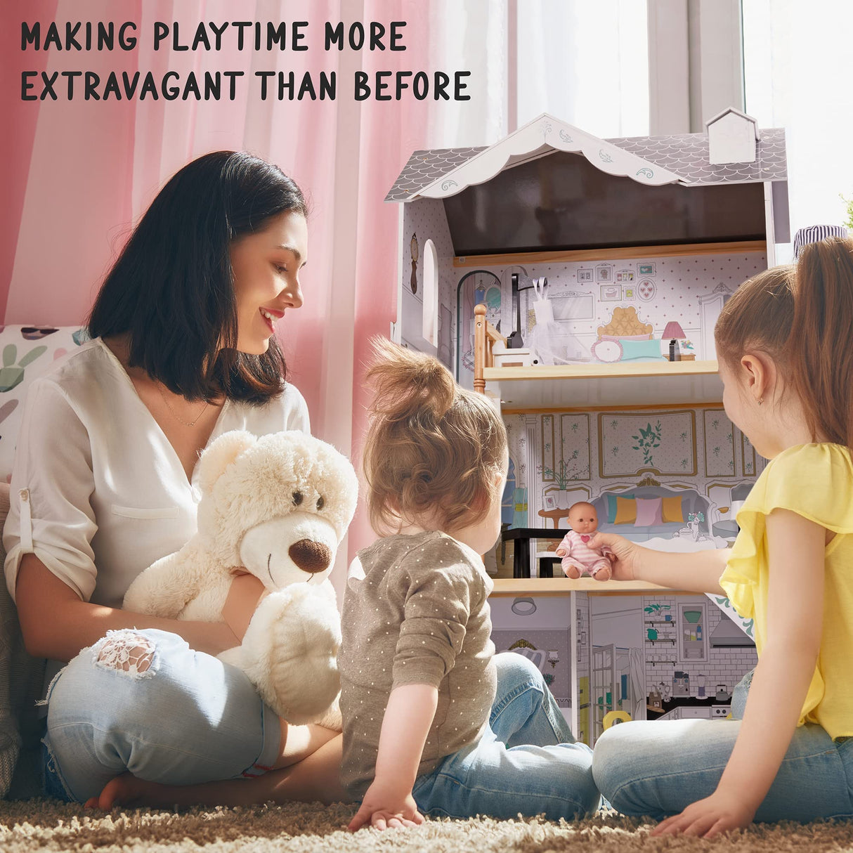 Lil' Jumbl X-Large 3-Story Wooden Dollhouse with Elevator, Balcony & Furniture Set Lil' Jumbl