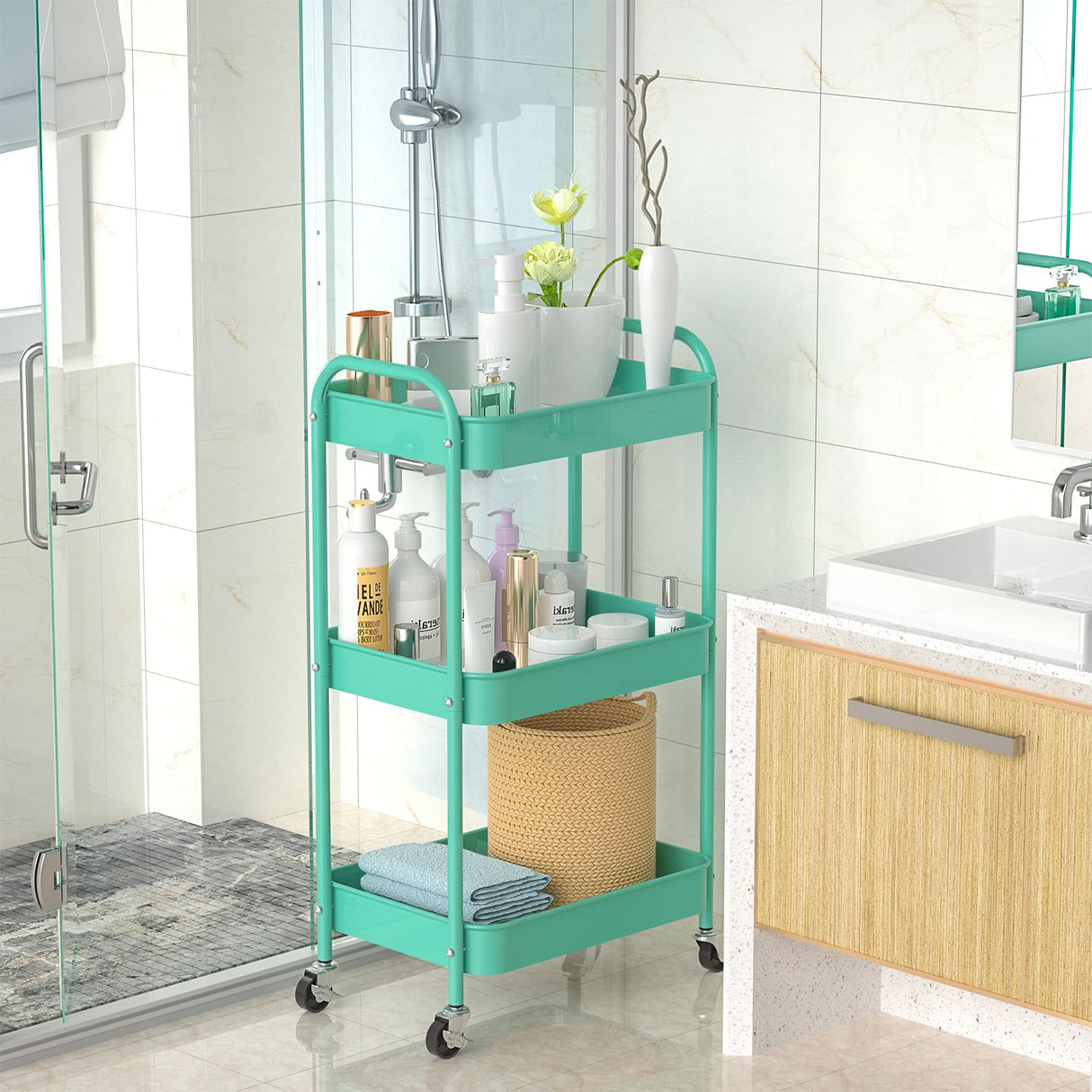 PNVXNUS 3-Tier Rolling Metal Storage Cart with Wheels, Multi-Functional Organizer for Office, Kitchen, Bathroom, Books Diapers - Easy Assembly (Blue) PNVXNUS