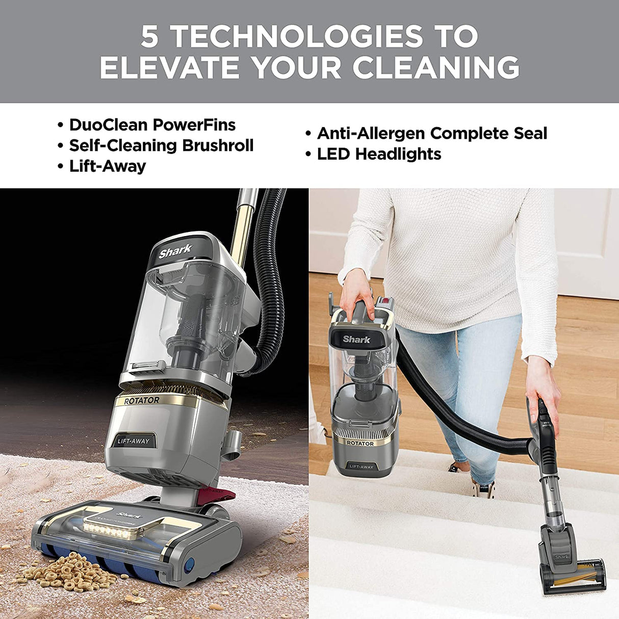 Shark LA502 Rotator Vacuum Vacuum with Self Brushroll Powerful Pet Hair Pickup and HEPA Filter, Lift-Away Upright w/Duo Clean, Silver Shark