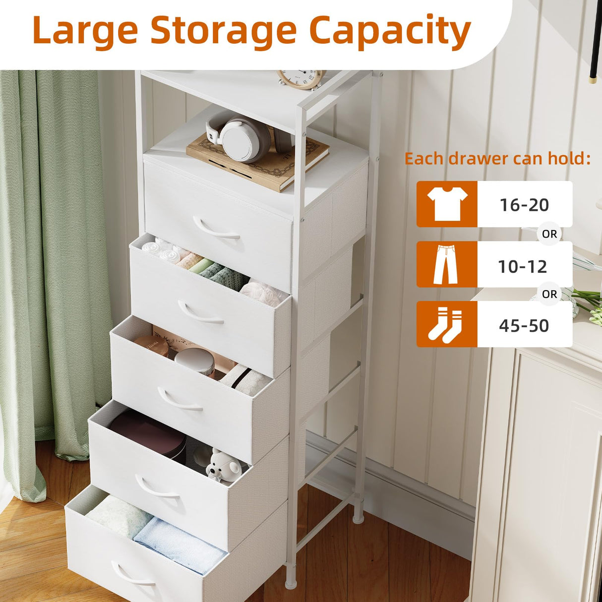 Somdot White Tall Night Stand for Bedroom,Tall 5 Drawers Dresser, Vertical Storage Tower Unit, Nightstand Furniture with Fabric Drawer Organizer in Bedside Kids Dorm Room Closet Laundry Entryway Somdot