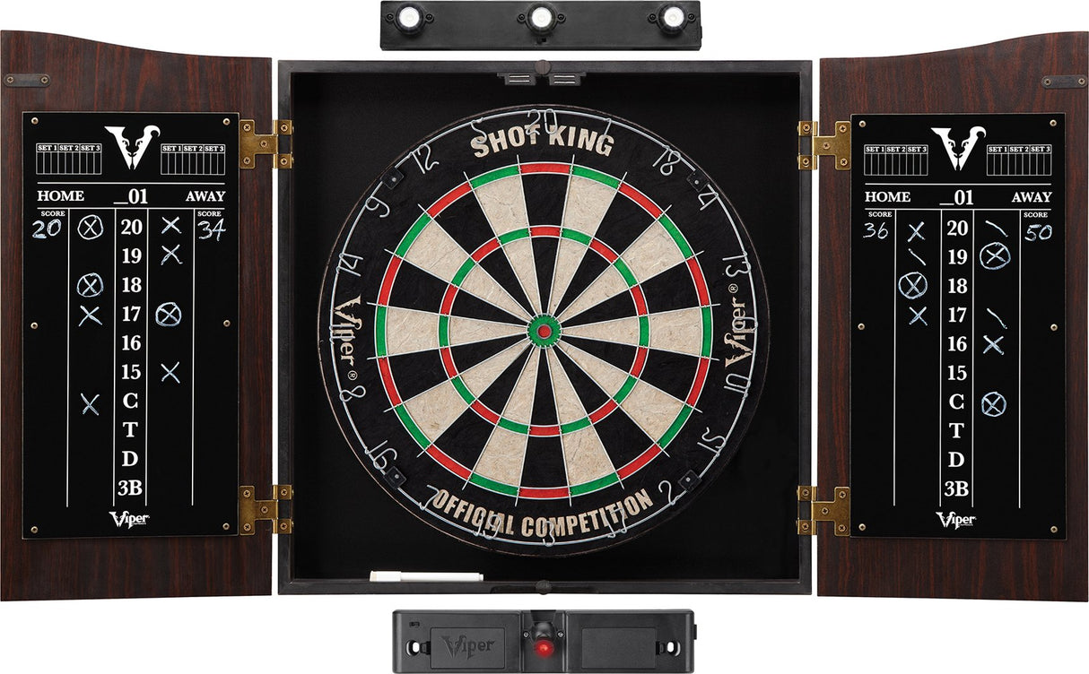 Viper by GLD Products Viper Vault Cabinet & Shot Sisal/Bristle Ready-to-Play Bundle: Elite Set (Shot King Dartboard, Darts, Shadow Buster and Laser Throw Line), Black Viper