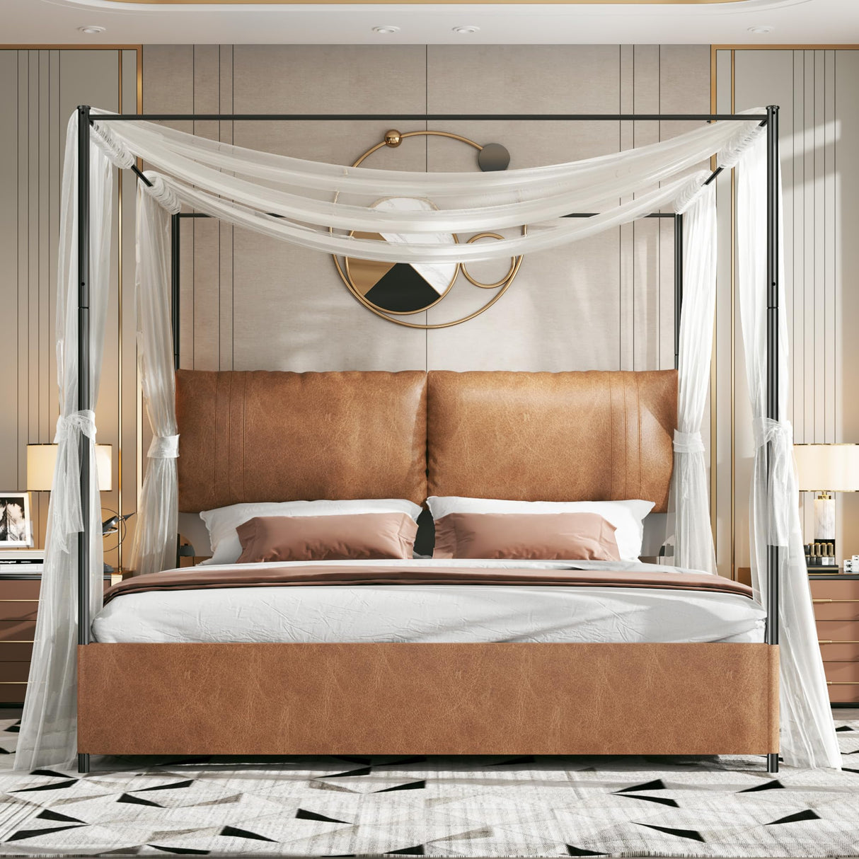 PAUKIN Canopy Bed Frame King Size with Upholstered Headboard, Sturdy and Stable, Easy to Assemble, Metal Bar Support, no Spring Mattress Required. (Brown, King) PAUKIN