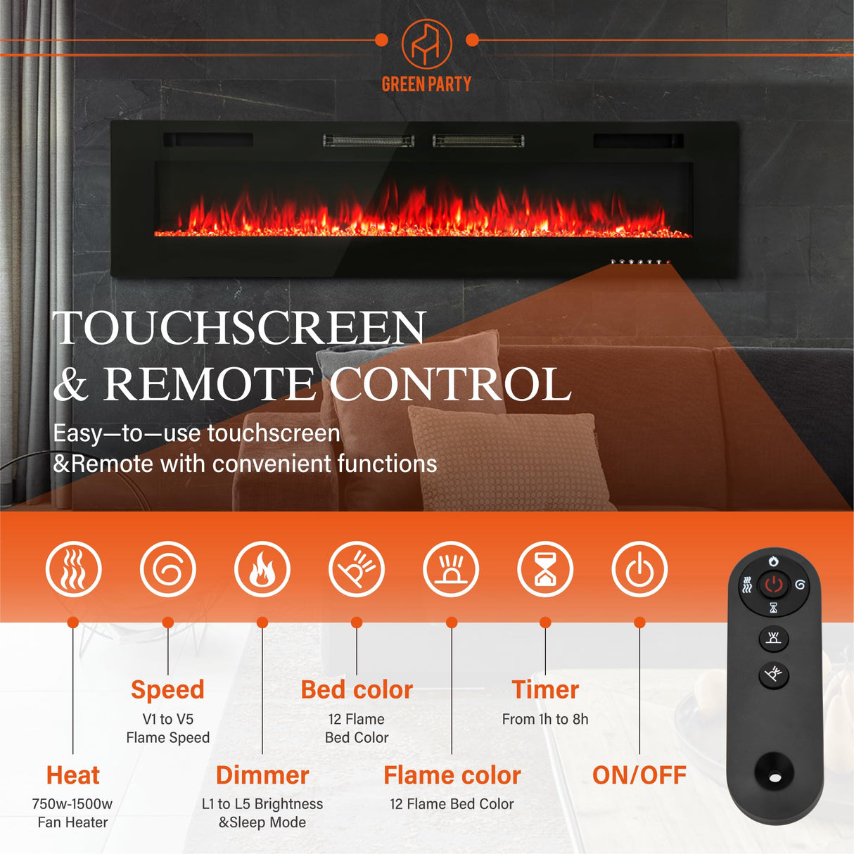 GREEN PARTY 72" Electric Fireplace Recessed/Wall Mounted Ultrathin 3.2" Fireplace Heater, Low Noise Linear Fireplace with Remote Control/Touch Screen, 8hrs Timer, Adjustable Flame & Bed Colors & Speed GREEN PARTY