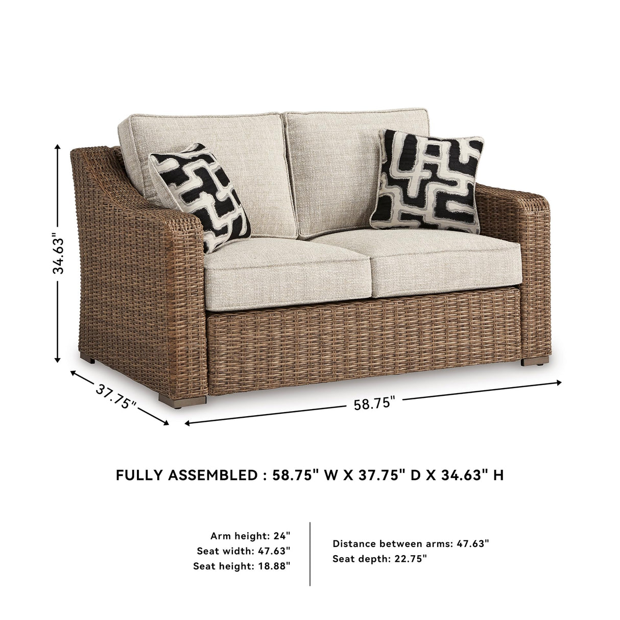 Signature Design by Ashley Beachcroft Casual Weather Resistant Resin Wicker Outdoor Loveseat with Cushion and 2 Accent Pillows, Dark Brown & Beige Signature Design by Ashley