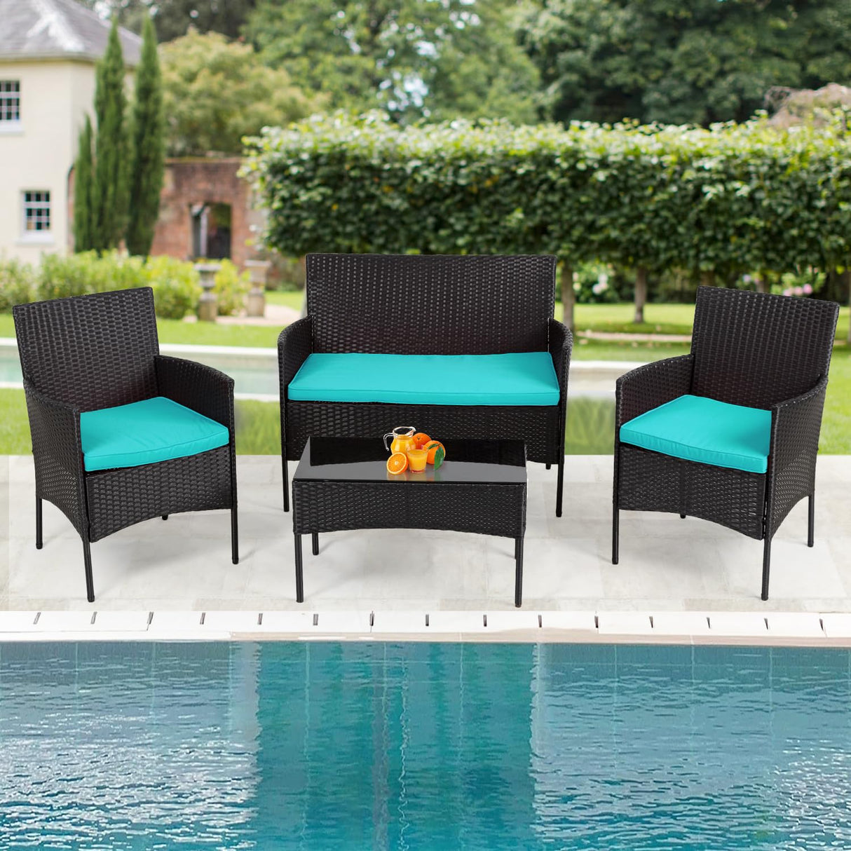 4 Pieces Conversation Set Modular Outdoor Furniture Set Water Resistant Patio Wicker Furniture Set with 3 Rattan Chairs 1 Tempered Glass Topped Table Seat Cushions for Patio Balcony Poolside, Blue PayLessHere