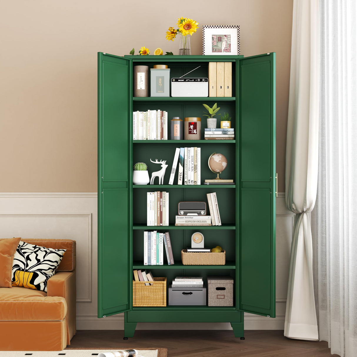 pozdeg 75” Tall Pantry Cabinet, Metal Kitchen Storage Cabinet with 2 Doors and 5 Adjustable Shelves, White Storage Cabinet Cupboard for Kitchen, Dining Room, Living Room and Bathroom (Green) pozdeg