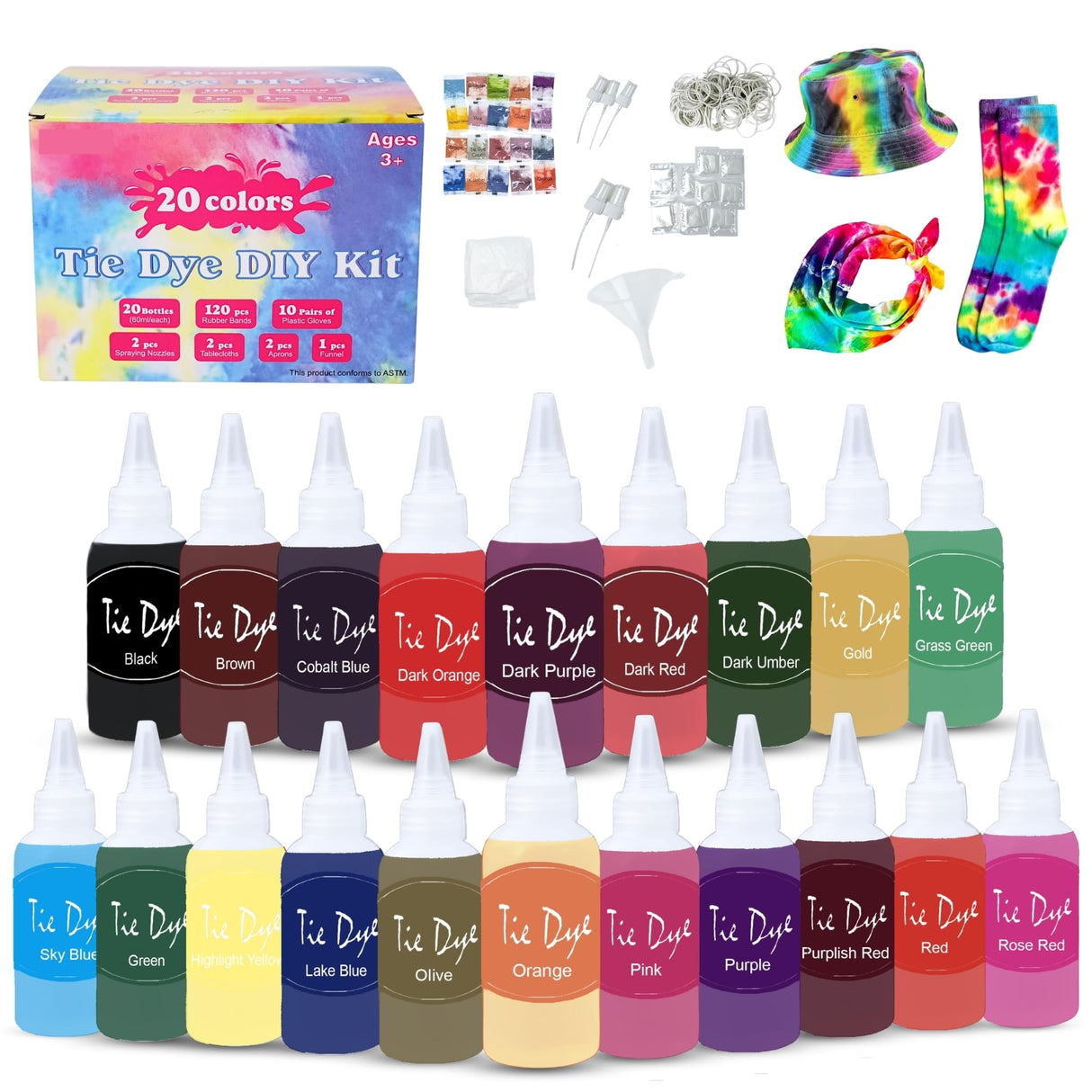 Tie Dye Kit for Kids & Adults - Complete DIY Tie Dye Set w/Tie Dye Powder in Tie Dye Refill Packets -Fun Kids Tie Dye Kit w/Nozzle Spray Tie Dye Kit for Fabric - Dye for Clothing (Pack of 20, 60 ml) Goodscious