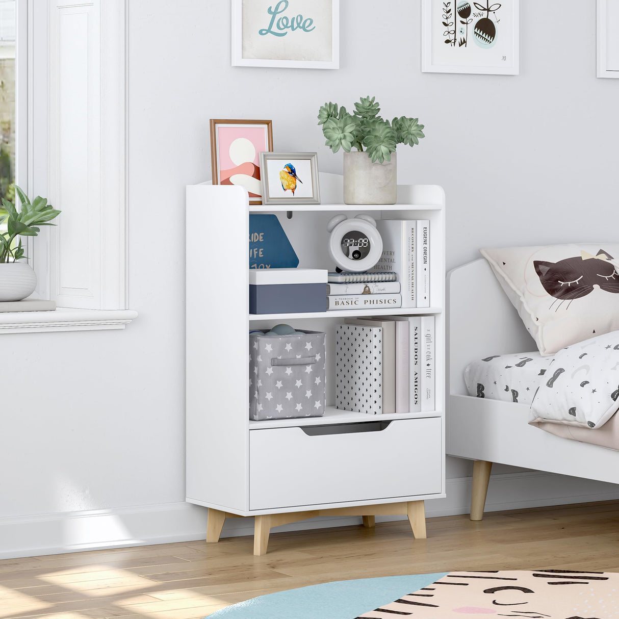 UTEX Kids Bookshelf, Children Bookcases with Storage and Drawer, Wood Kids Toy Storage Organizer for Playroom, Nursery School, White UTEX