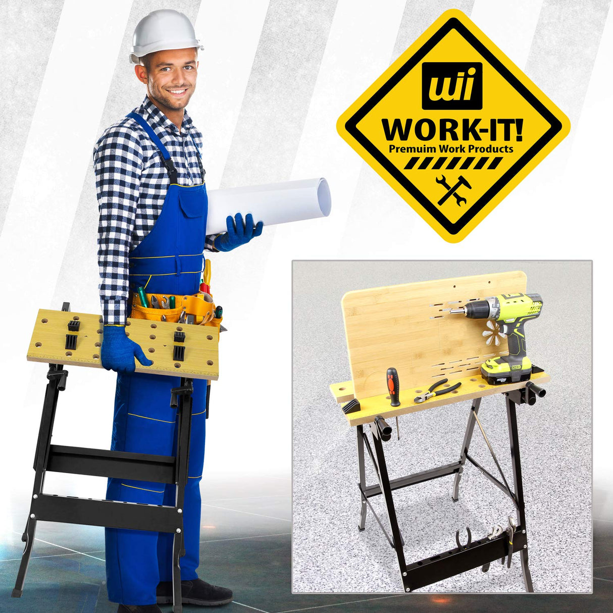 Work-It! Portable Workbench, Folding Carpenter Saw Table with Adjustable Clamps - Easy to Transport with Heavy-Duty Steel Frame, 150 Lbs Capacity Work-It!