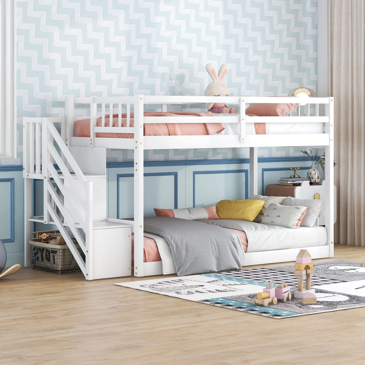 Low Bunk Beds Twin Over Twin with Stairs Solid Wood Bunk Bed Frame for Kids Boys Girls Teens, White Bellemave