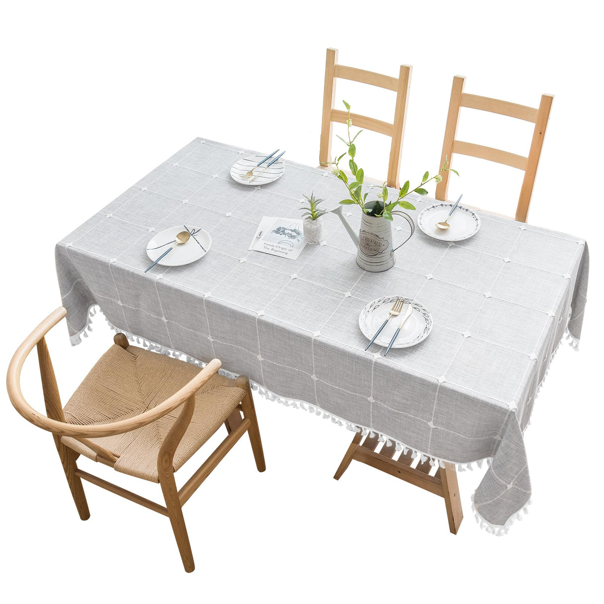 Oubonun Cotton Linen Rectangular Table Cloth, Wrinkle Resistant, Waterproof Tablecloth, Washable Farmhouse Table Cover with Tassels for Kitchen Dining Party, 55''x70'', 4-6 Seats, Grey Oubonun