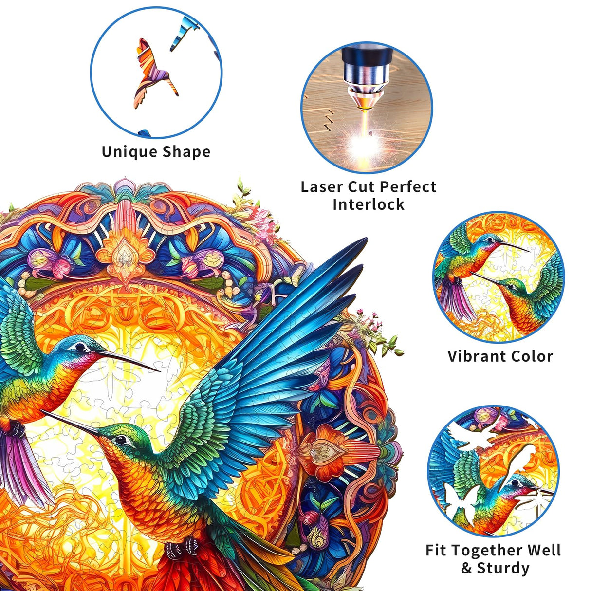 Woodemon Wooden Jigsaw Puzzles, Mandala Hummingbirds (200pcs-M-11.8 * 11.8in) Wooden Puzzles for Adults Kids, Unique Shape Animal Wood Puzzles Adults Christmas Puzzles Xmas Birthday Gifts Woodemon