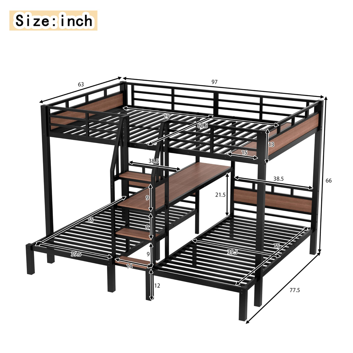 Bellemave Queen Over Twin Over Twin Bunk Bed with Shelf and Stairs, Heavy Duty Triple Bunk Beds with Safety Guardrails, Metal Triple Bunk Bed Frame for 3 Kids, Teens, Black Bellemave