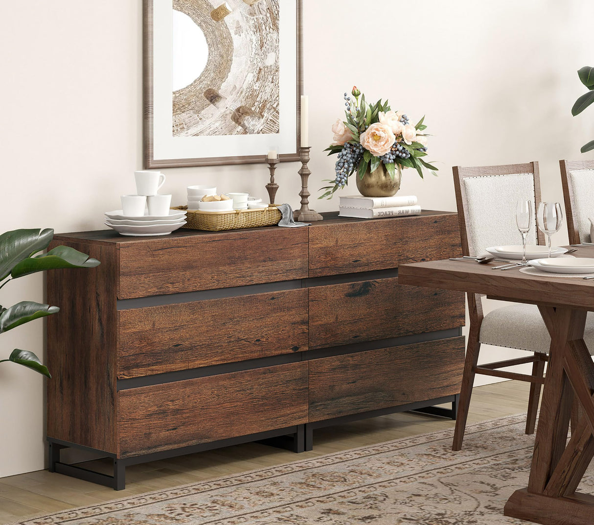 WAMPAT Dresser for Bedroom, Closet Organizers and Storage with 6 Drawers, Chest of Drawers with Metal Base, Modern Wood Dresser for Living Room, Entryway, Brown WAMPAT