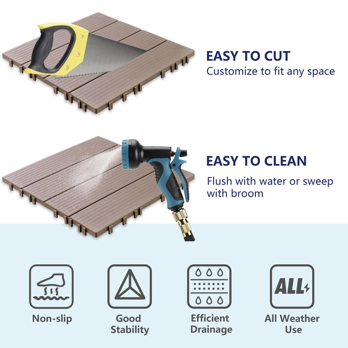 skillmaid 72 PCS Plastic Interlocking Deck Tiles - 12" x 12" Waterproof Indoor Outdoor Flooring All Weather Use, Patio Floor Decking for Porch Poolside Backyard Balcony, Brown skillmaid