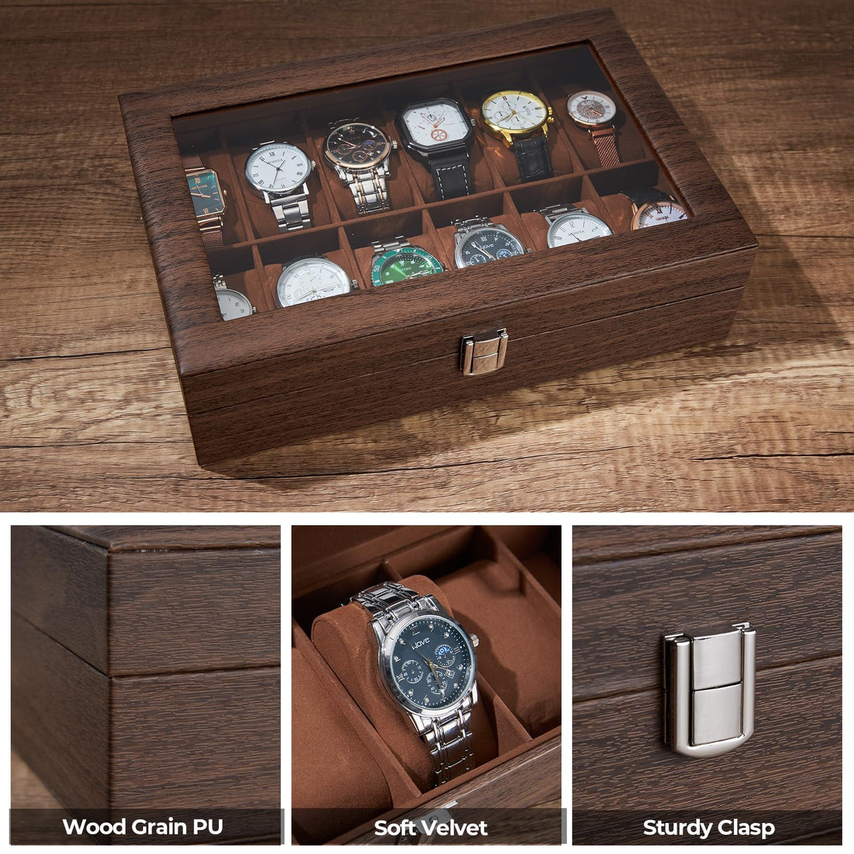 Ohuhu Watch Cases for Men, 12-Slot Watch Box Wood Grain PU Leather - Watch Case Holder Real Glass Lid Jewelry Storage Soft Velvet Watch Organizer Box for Men and Women Fathers Day Ohuhu