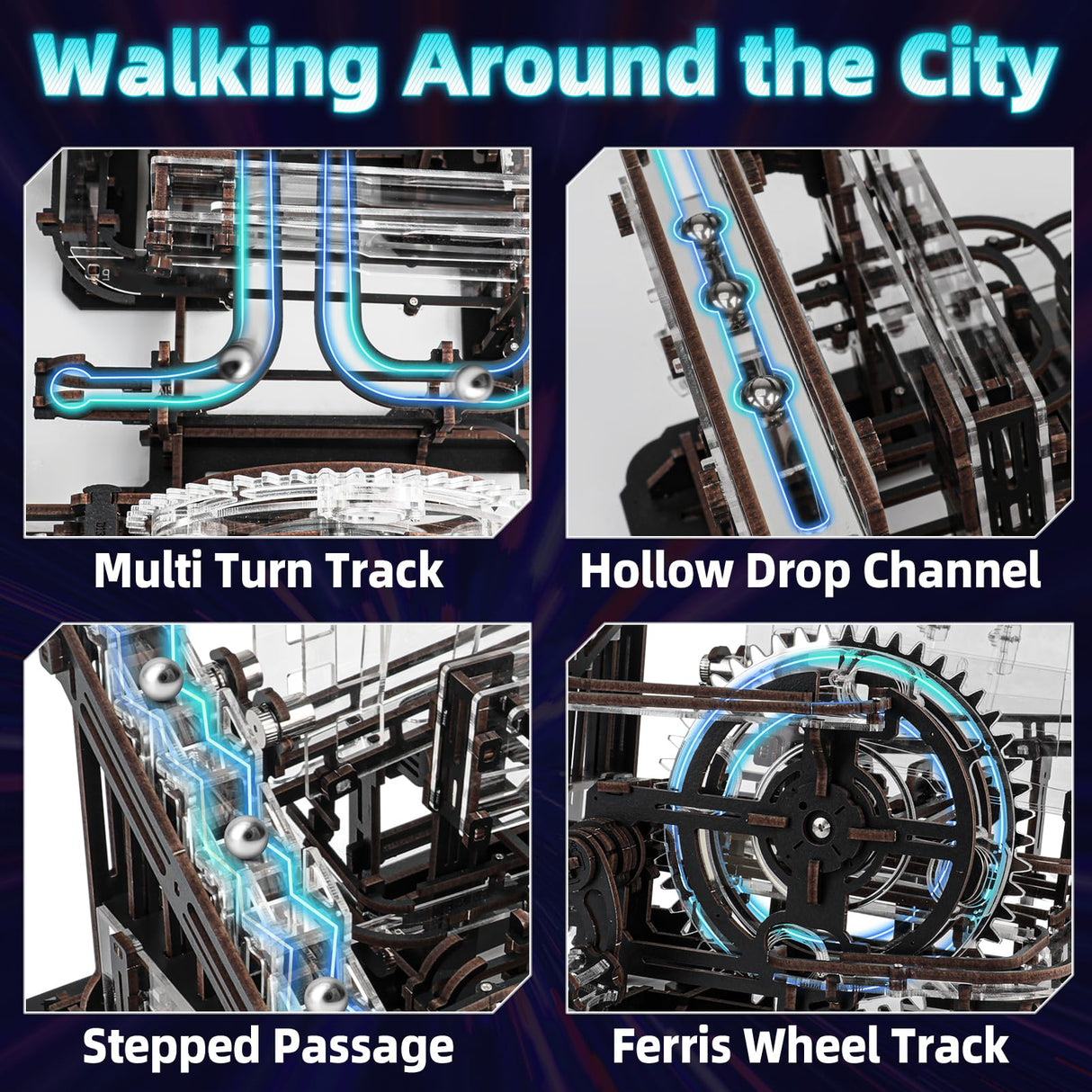 OWNONE 1 3D Wooden Puzzle Marble Run with LED Lights, Wooden Model Building Kits for Adults, Wood Mechanical Puzzle Building Set, Office Desk Decor Gift for Men Adults (312 PCS) OWNONE 1