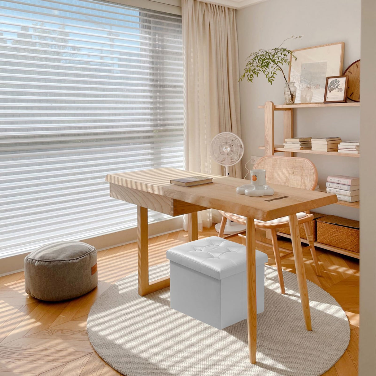 AmasSmile Storage Ottoman Foot Rest Stool, 17 inch Folding Leather Footstool Bench, Short White Ottoman Stool, Storage Foot Rest Store, Books AmasSmile