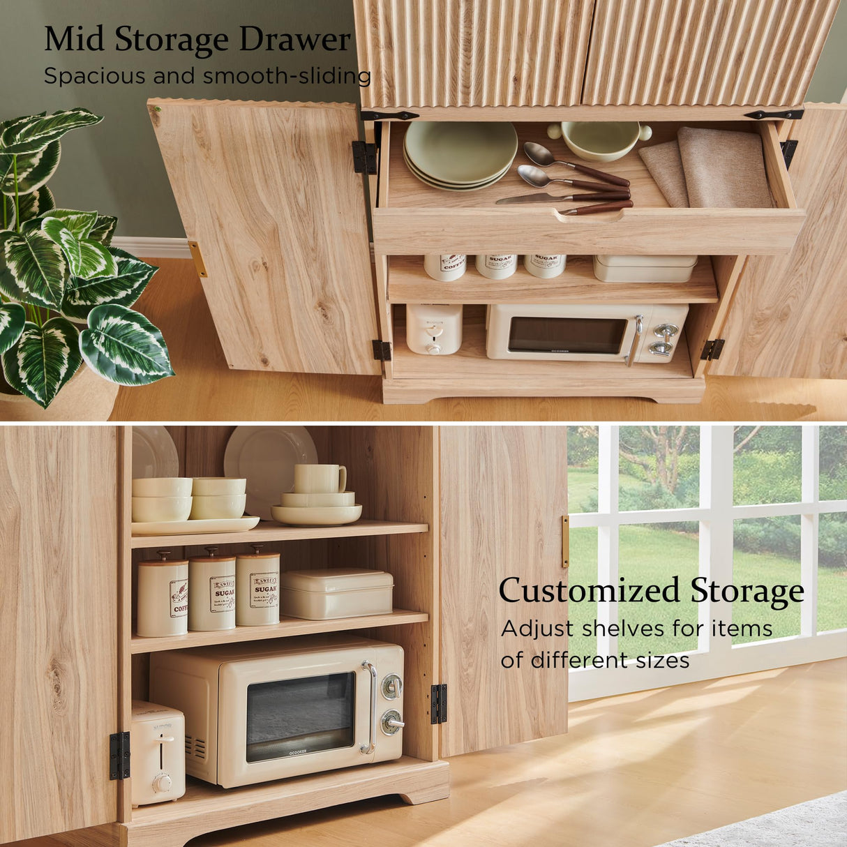 ACCOHOHO Fluted Pantry Cabinet, 72" Tall Modern Storage Cabinet with 4 Doors, Organizer, Drawer and Adjustable Shelves, Wood Cupboard for Kitchen, Dining Room, Living Room and Bathroom, Natural Oak ACCOHOHO