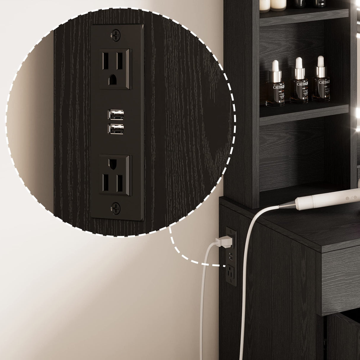 IRONCK Vanity Desk with LED Lighted Mirror & Power Outlet, Makeup Table with Drawers & Cabinet,Storage Stool,for Bedroom, Black IRONCK